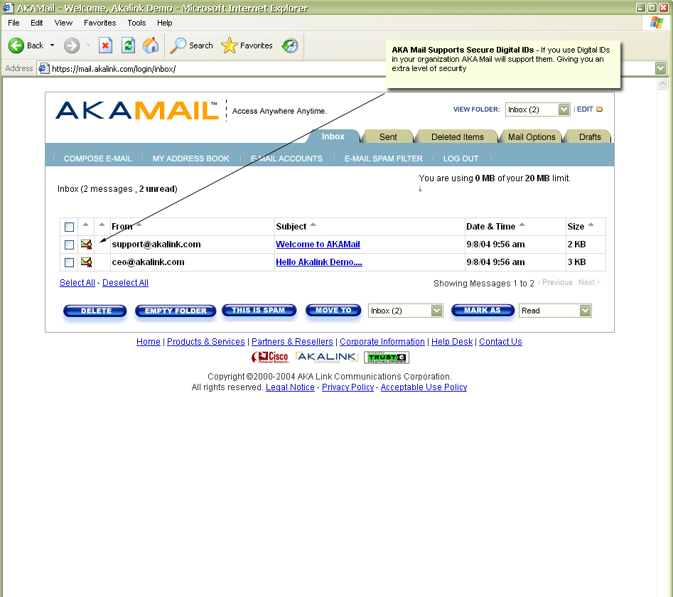 Inbox containing emails that were signed with an SMIME certificate