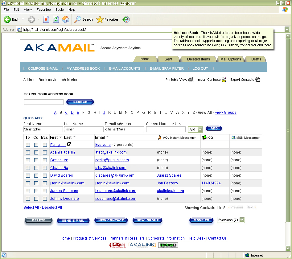 Address book showing contacts sorted by first name