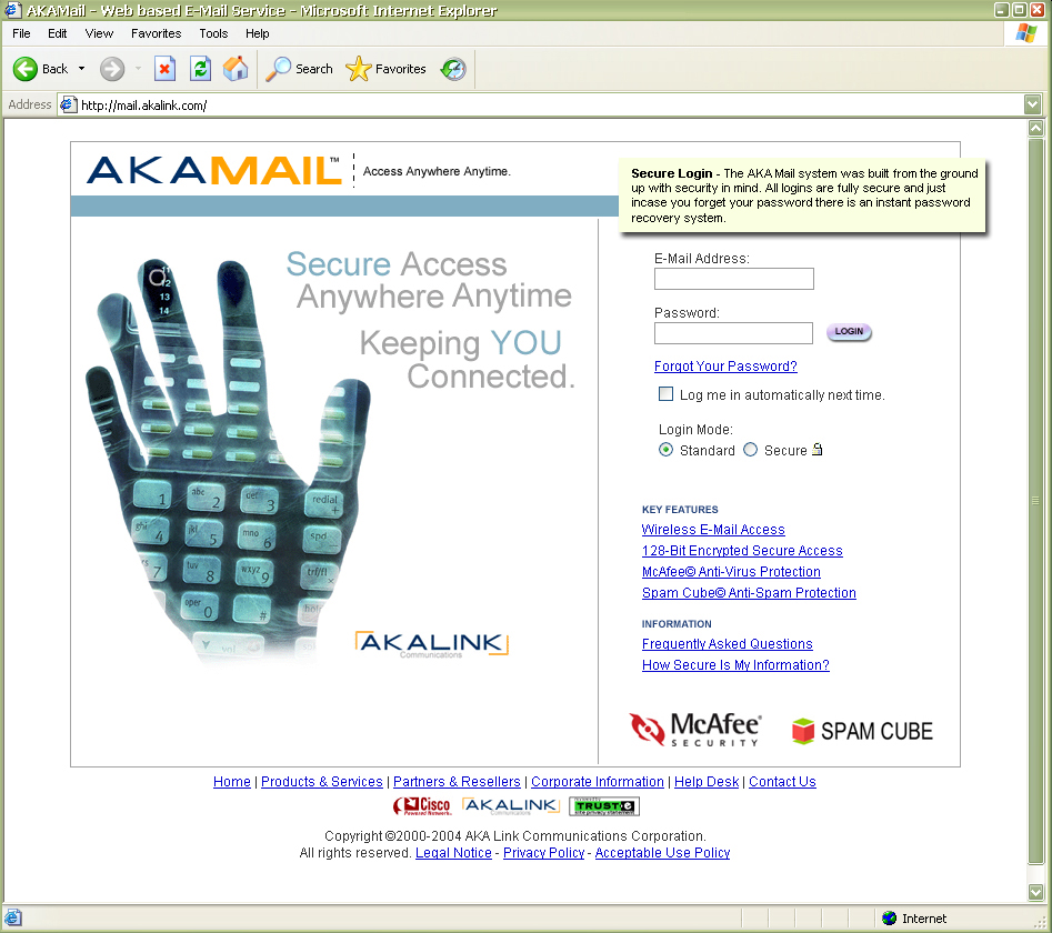 Login page to the AKA Mail webmail application