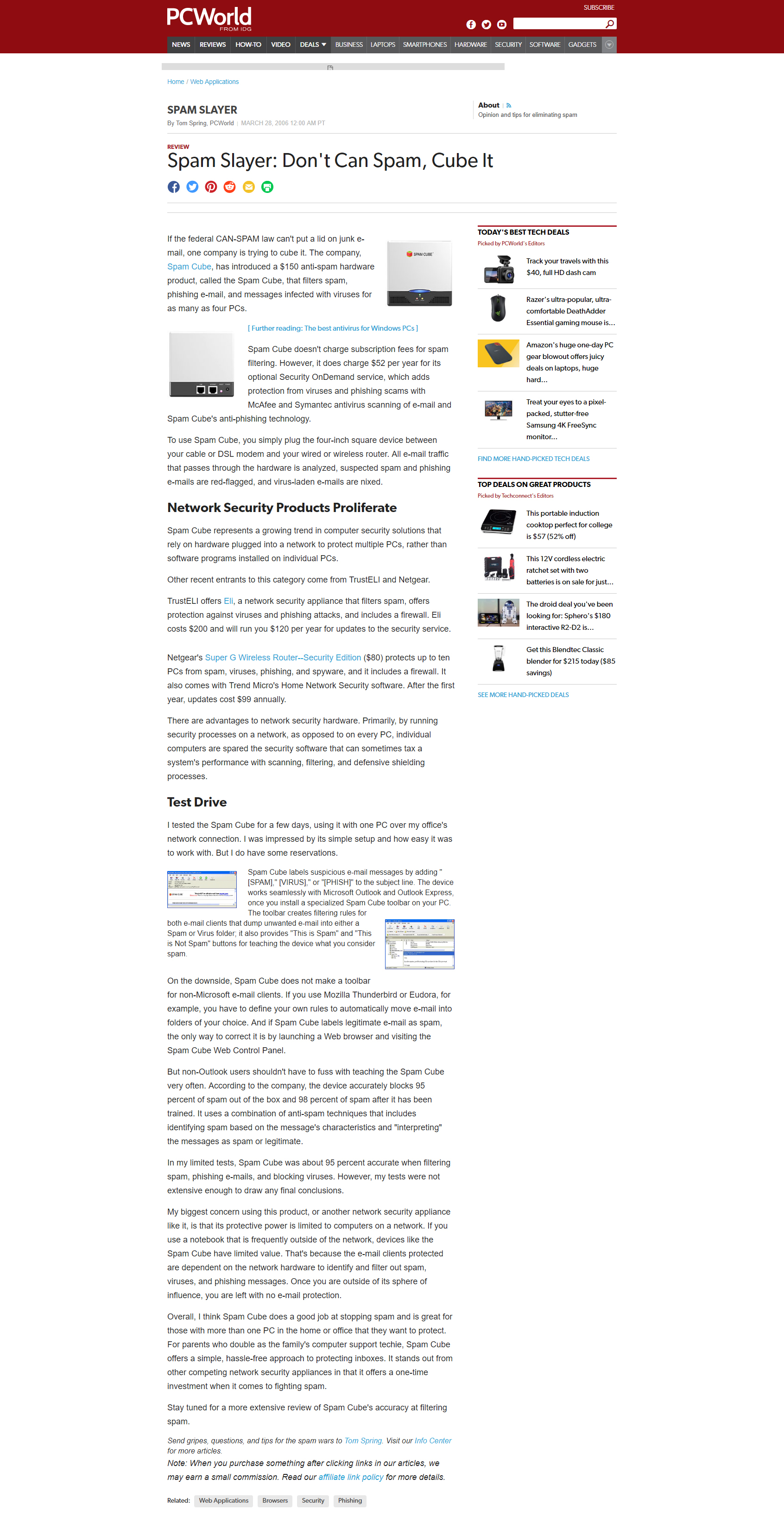 Spam Cube featured in PC World Magazine. A picture of the review was written by Tom Spring