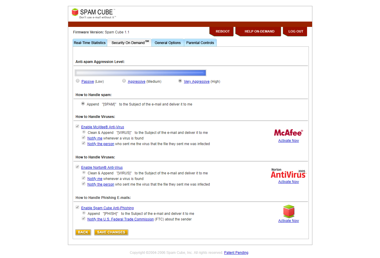 Spam Cube's security on-demand software-as-a-service feature showing McAfee and Norton Anti-virus options, as well as anti-spam artificial intelligence (AI) aggression settings